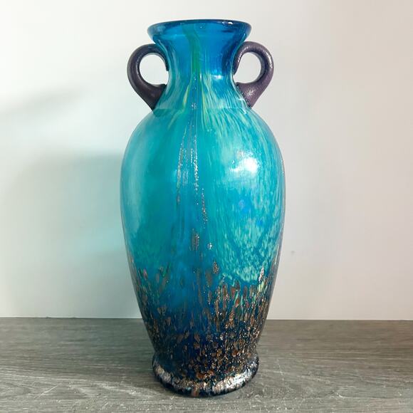 Dale Tiffany Favrile Amphora Art Glass Teal Blue Copper Aventurine 10" Vase EUC - Picture 1 of 10